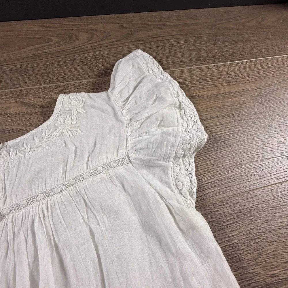 LoveShackFancy White Cotton Embroidered Lace Flutter Sleeve Dress Girls 7-8Y